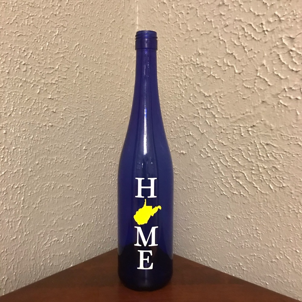 West Virginia HOME Re-Purposed Blue Wine Bottle